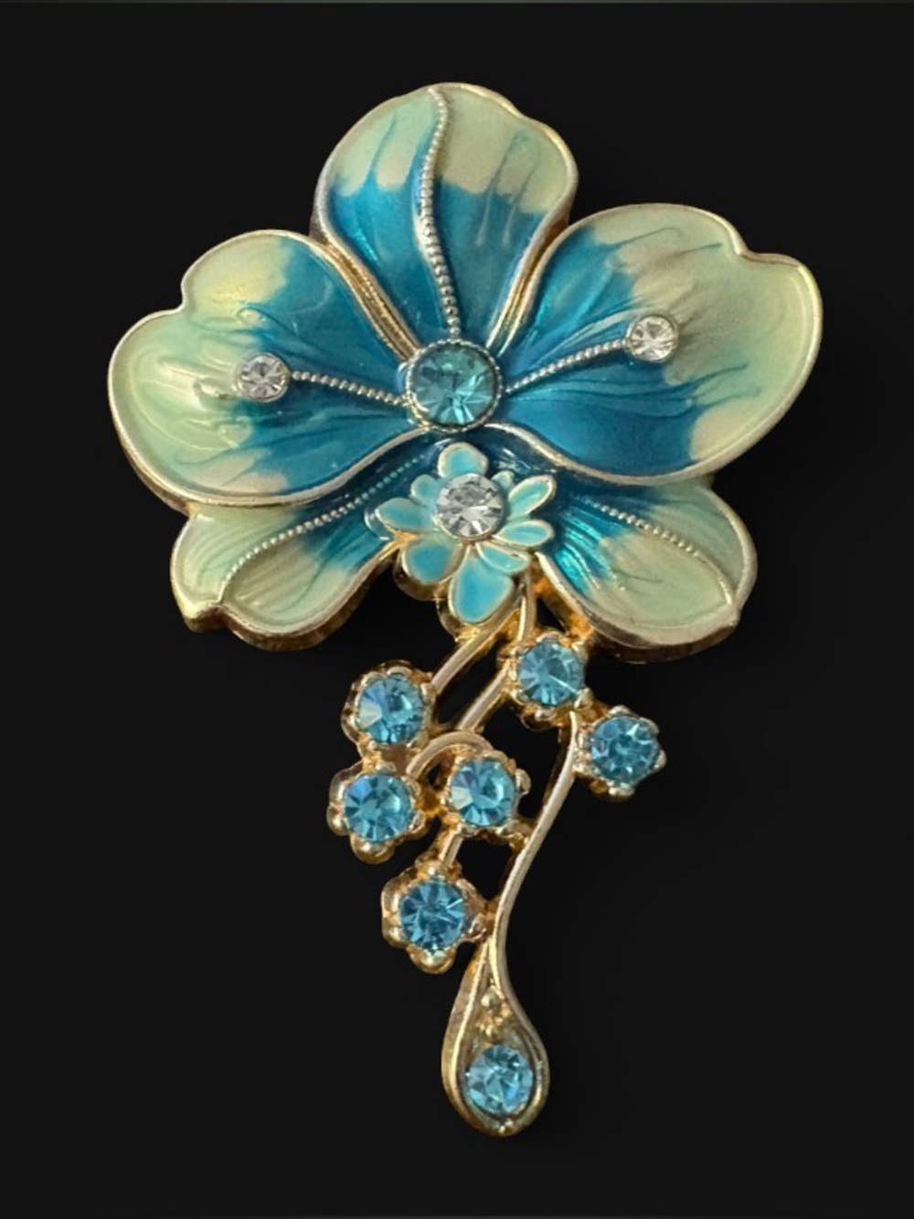 🦖 5 for $20 Blue Enamel Flower Brooch with Aqua Crystals - Women Jewelry - Picture 1 of 4